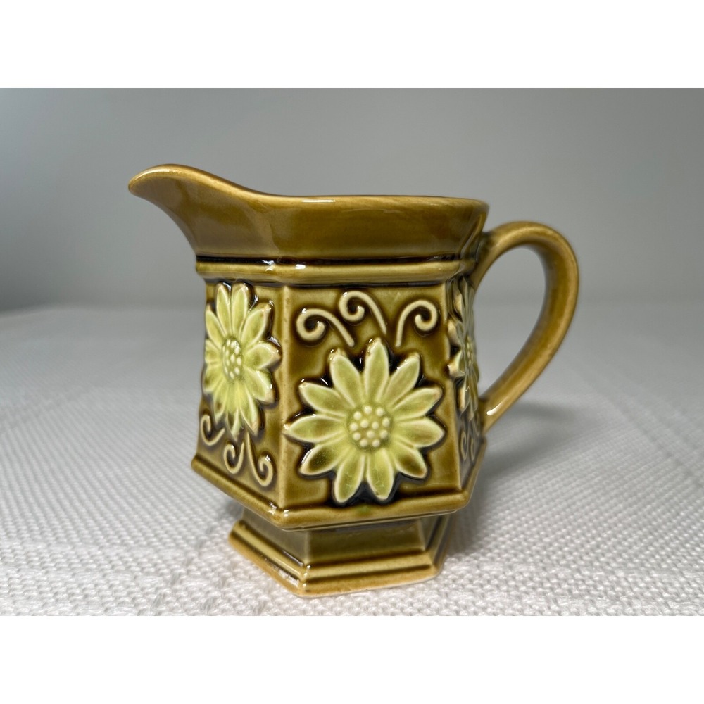 Vintage‎ Floral Creamer Japan Ceramic Mini Pitcher Green Yellow Flower